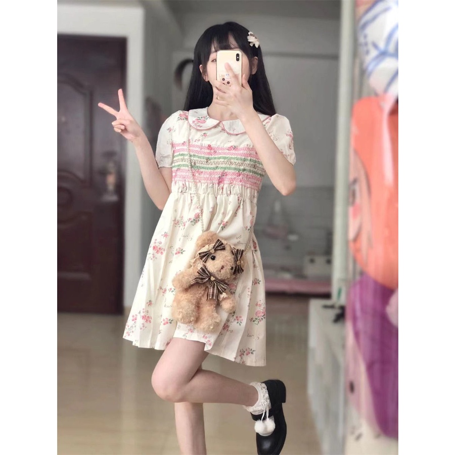 Đầm Tay Phồng Cổ Búp Bê Dáng Rộng In Họa Tiết Dễ Thương Thời Trang Mùa Hè