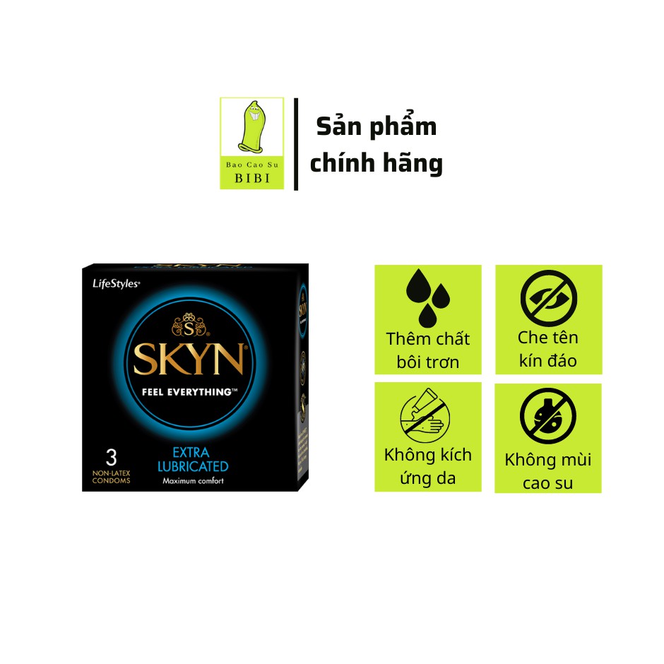 Bao cao su LifeStyles SKYN Extra Lubricated Non-latex nhiều gel bôi trơn cao cấp - Hộp 3 bao