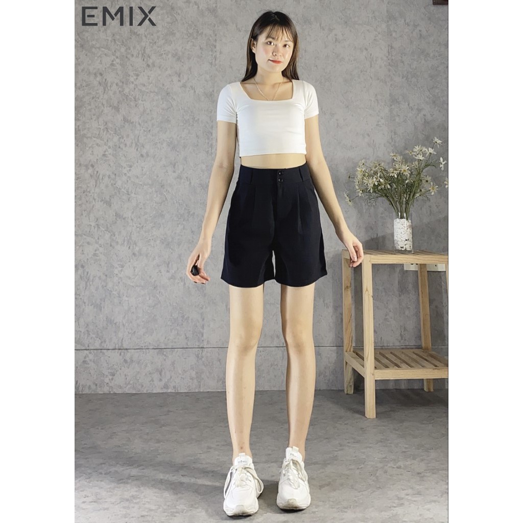 Quần short nữ cạp cao 2 cúc vải tuyết mưa form rộng có đai lưng màu đen phong cách EMIX | BigBuy360 - bigbuy360.vn