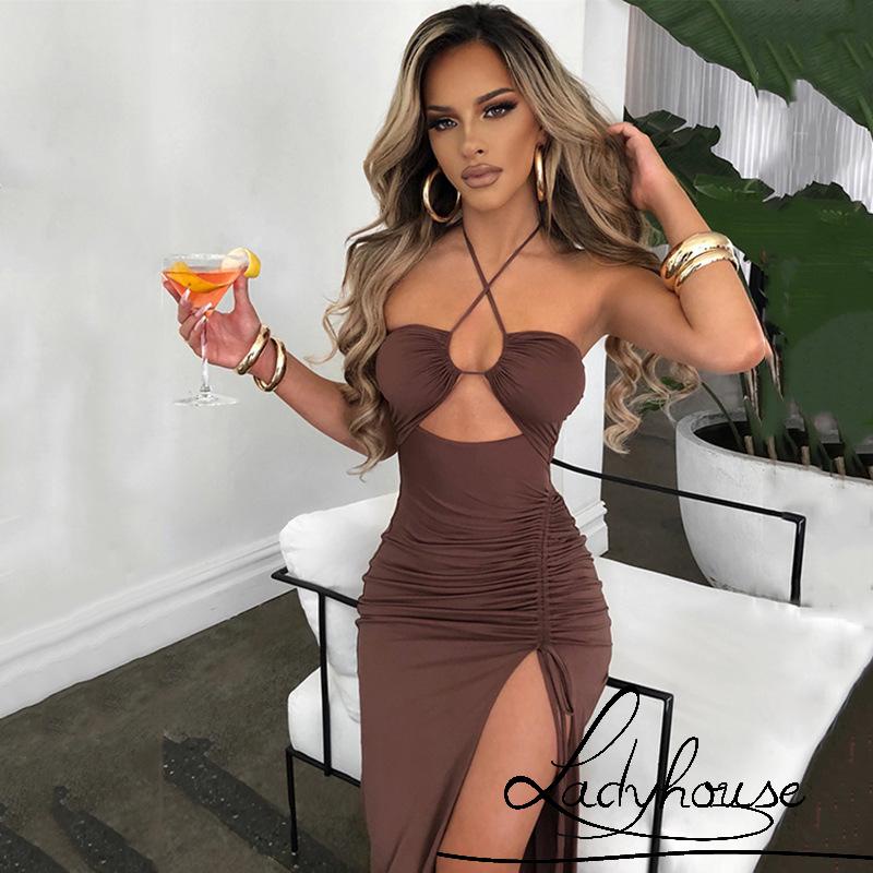 Ldd-Váy body Màu Trơn Dây Rút Xẻ Hông Xếp Ly Bên Hông / Thanh Cắt Một Mảnh Dành Cho Bạn Nữ Mặc Trong Tiệc Tùng