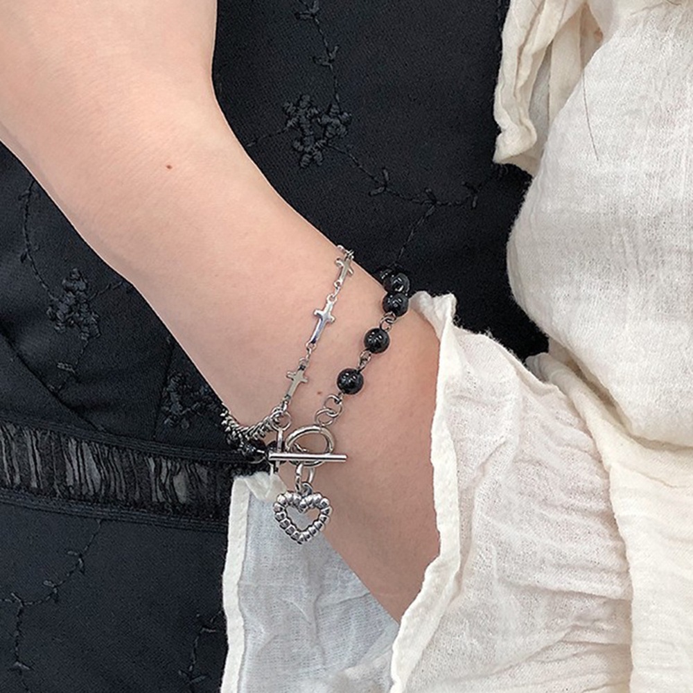 Set 2 lắc tay mặt hình trái tim và thánh giá phong cách Hàn Quốc cổ điển thời trang cho nữ Yanqueens Đồ trang sức