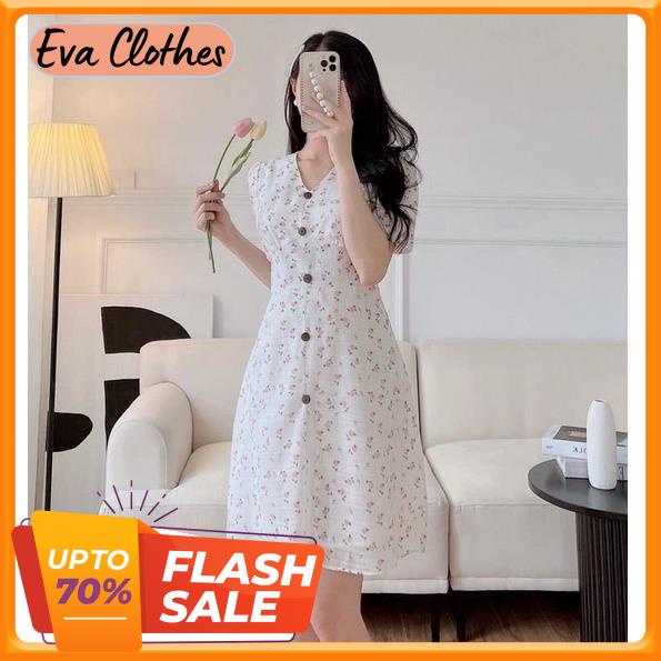 Váy hoa nhí cổ V tơ xước đính cúc dừa ngắn tay dài trên gối thiết kế Eva Clothes
