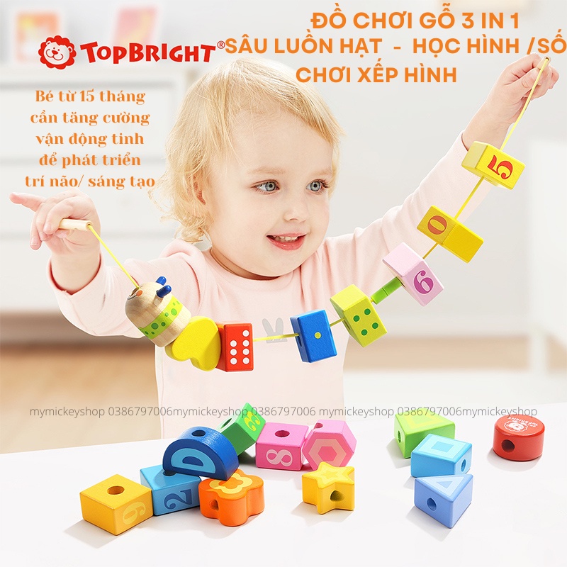 Bộ đồ chơi gỗ luồn hạt xỏ dây xâu xếp hình học số topbright Caterpillar Lacing Blocks 7715 chú sâu háu ăn bé 18 tháng
