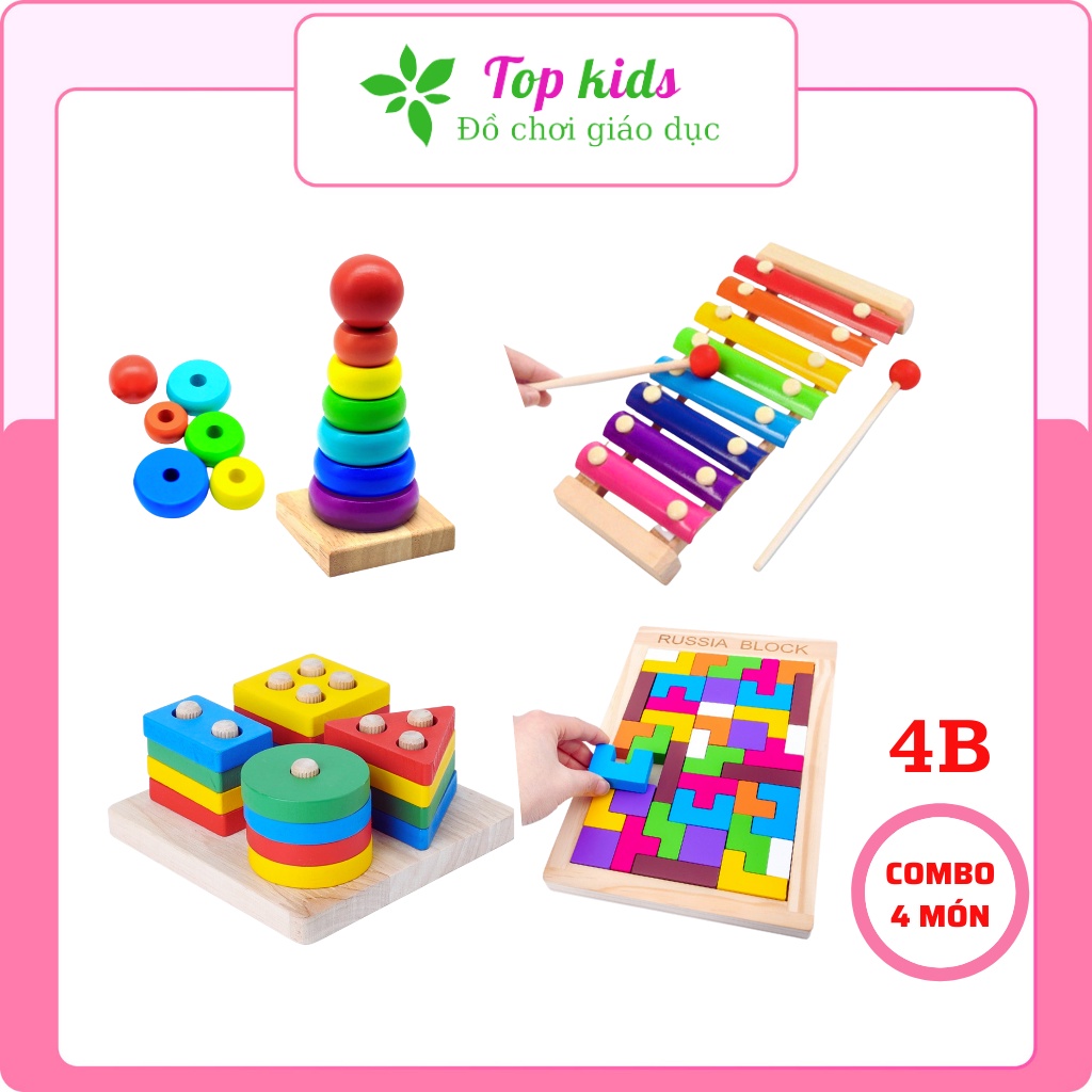 Đồ chơi xếp gỗ montessori combo 4 món bộ ghép hình thông minh cho bé trai bé gái 1 2 3 4 tuổi TOPKIDS