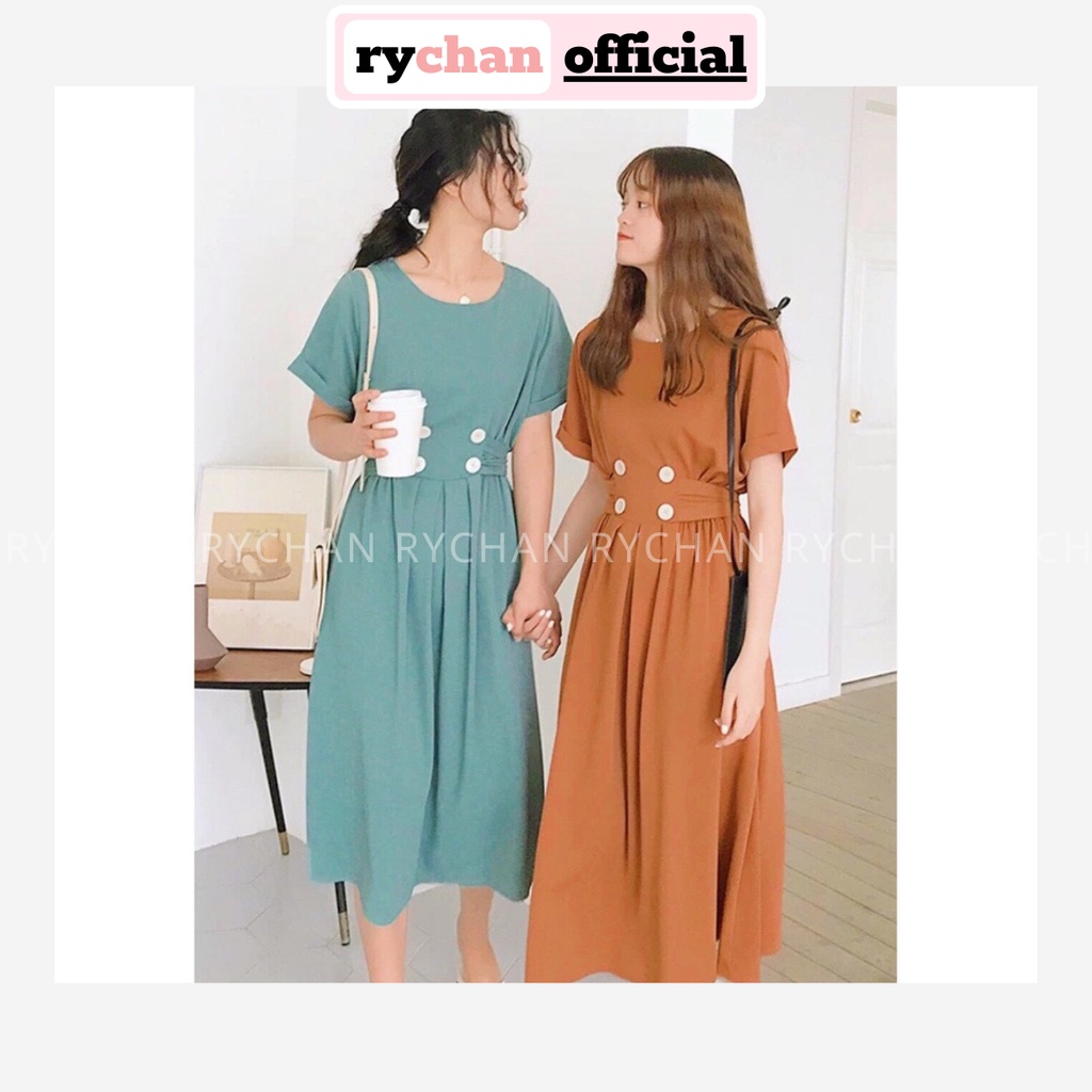 Đầm Xoè Form Dài Đính Nút Trắng Thắt Eo 2 Màu - DX069