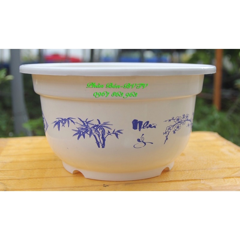 Chậu Tròn Như Ý Cát Tường 30 x 16 cm,màu trắng bông xanh