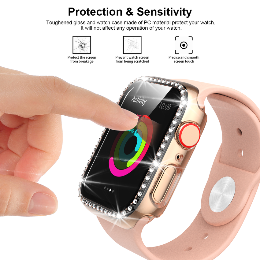 Ốp kim cương kèm phim thủy tinh bảo vệ chống va đập cho Apple Watch dòng 6 5 4 3 2 1/iwatch 40mm 44mm 38MM 42MM