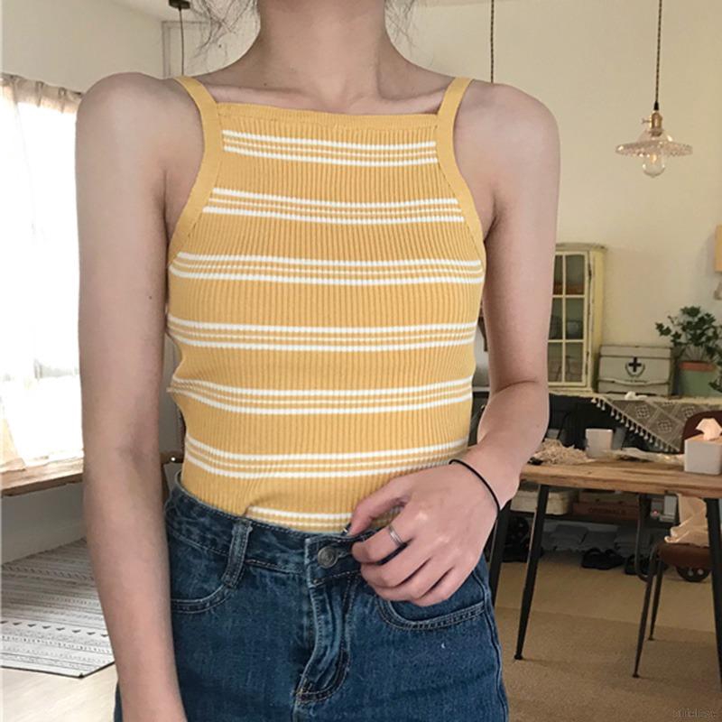 Korean Top Women Spaghetti Strap Striped Halter Knitted Camisole Women's Clothes | BigBuy360 - bigbuy360.vn