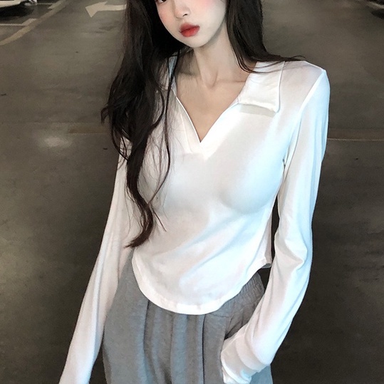 Áo kiểu ZHELIHANGFEI tay dài cổ lật lưng cao ôm dáng thời trang dành cho nữ