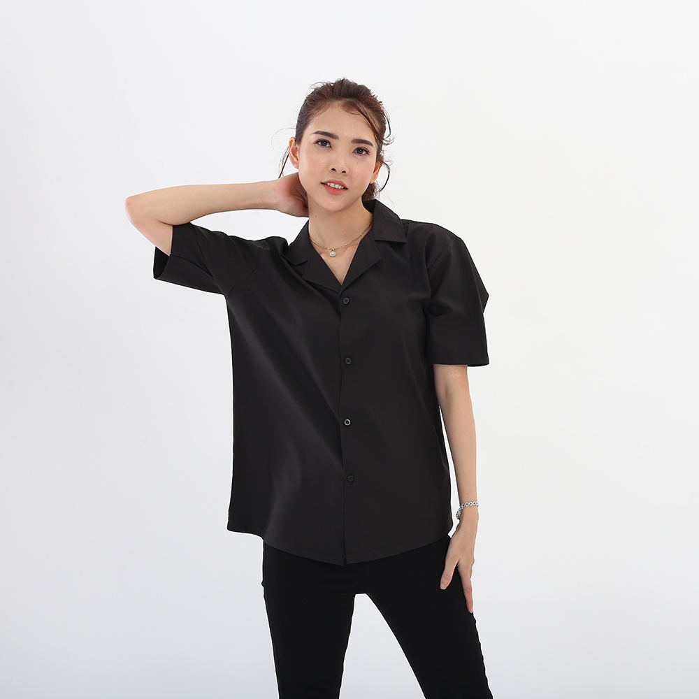 Áo sơ mi Botee Đen Cổ Vest ngắn tay form rộng unisex nam nữ vải lụa