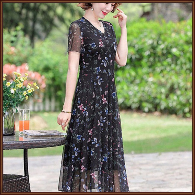 Đầm Tay Ngắn Cổ Chữ V In Họa Tiết Hoa Thời Trang Cho Nữ