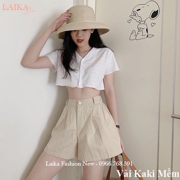 Quần đùi nữ mặc nhà vải Kaki mềm co giãn cúc cài khóa kéo thật lưng chun dáng quần short nữ ống rộng đi biển ngủ tập gym