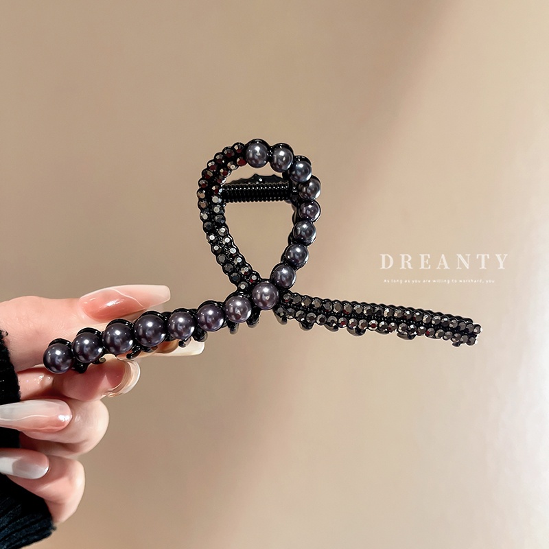 Kẹp Tóc Cá Mập Đính Đá Ngọc Trai Màu Đen Phong Cách Cổ Điển