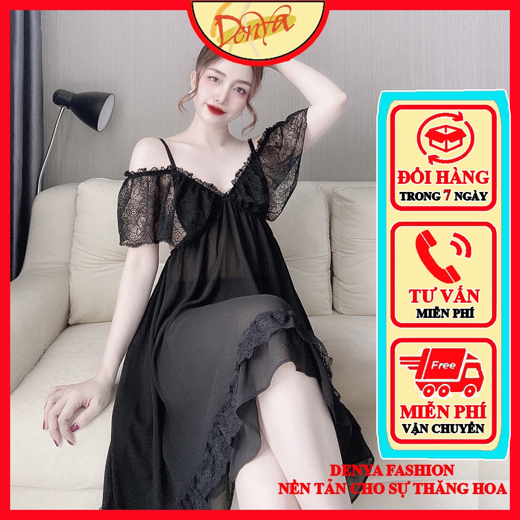 Váy ngủ ren trễ vai chất chiffon phối ren kèm quần D17