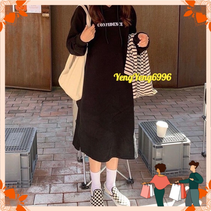 VN509 VÁY NỈ HOODIE DÁNG SUÔNG IN CHỮ CONFIDENCE