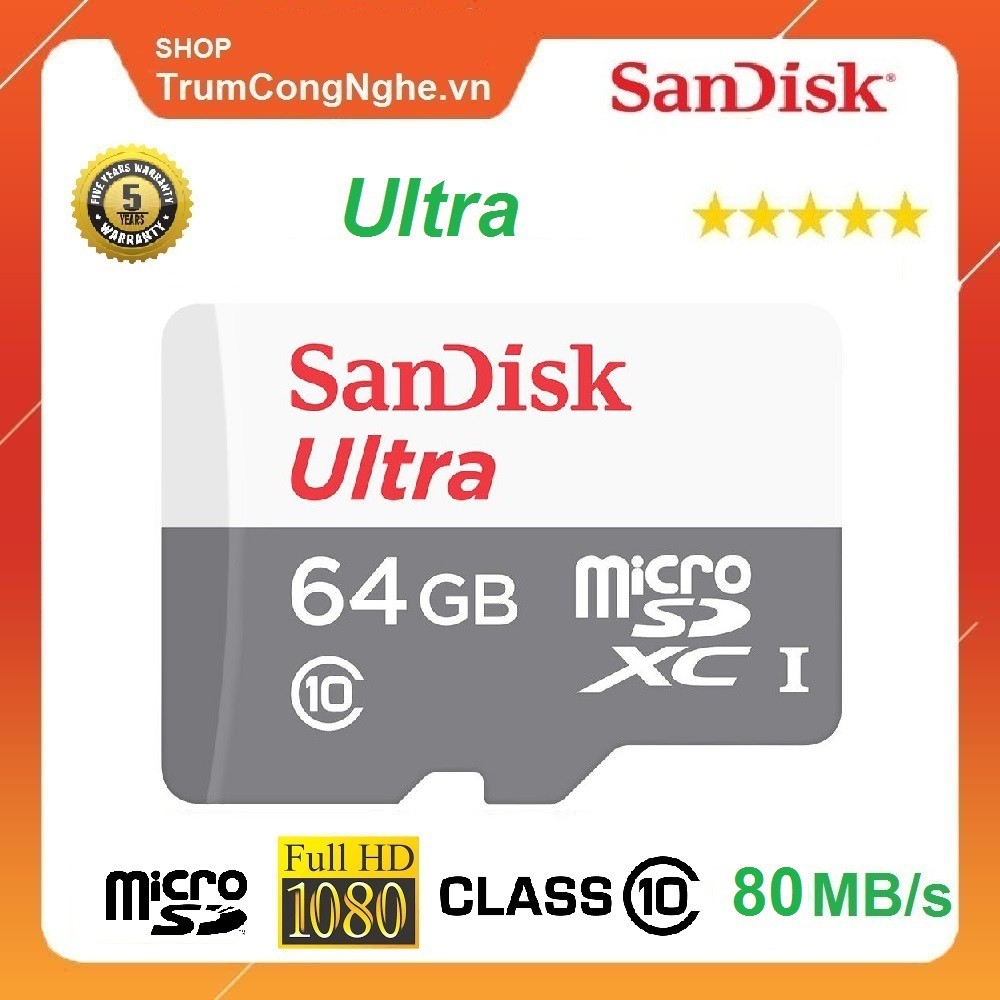 Thẻ nhớ MicroSD Sandisk Ultra 80mb/s 533x Class10 64GB Tốc độ cao