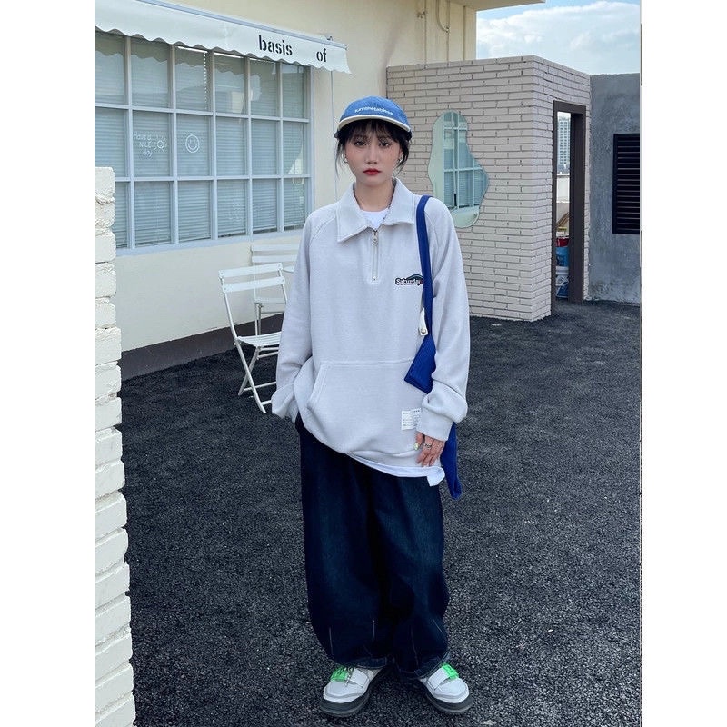Áo nỉ dài tay da cá cổ polo bẻ sơ mi form rộng unisex dáng Ulzzang Hàn Quốc