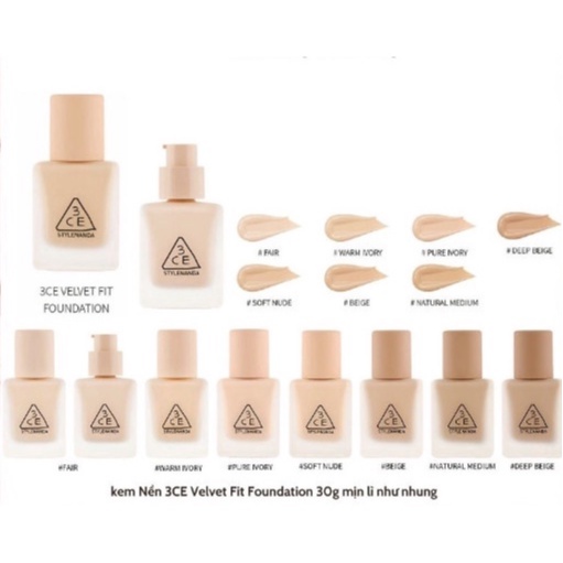 Kem Nền 3CE Velvet Fit Foundation 30g dạng chai-pure ivory-deep beige-natural