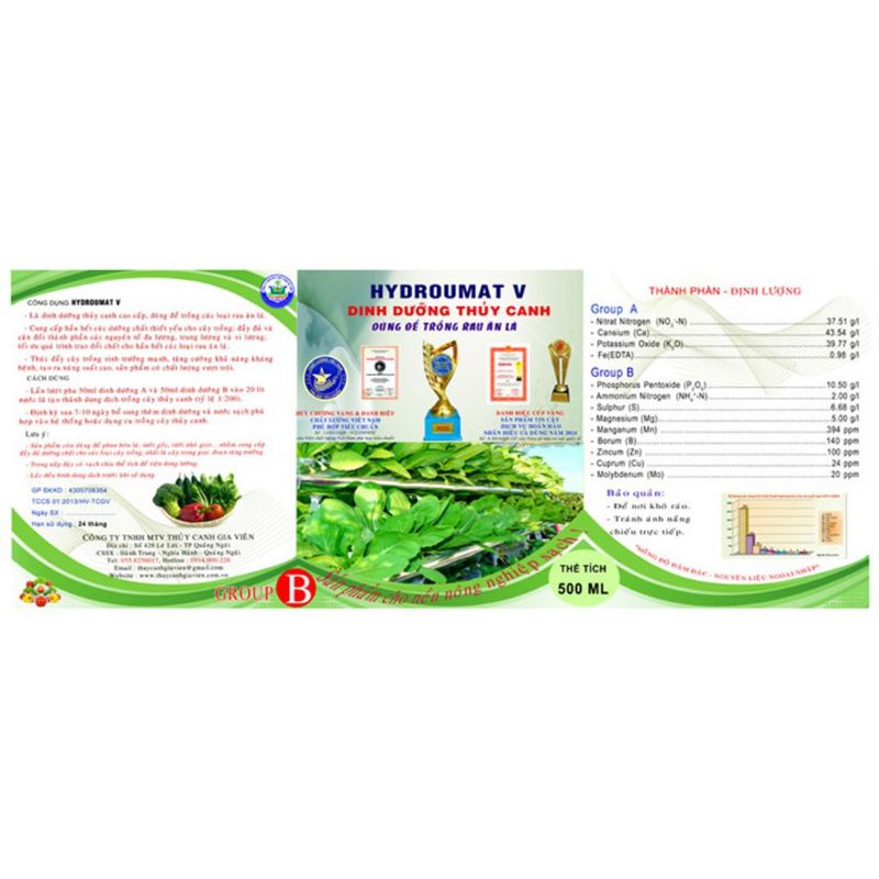 DUNG DỊCH DINH DƯỠNG THỦY CANH HYDRO UMAT V CHO RAU ĂN LÁ CHAI 500ML