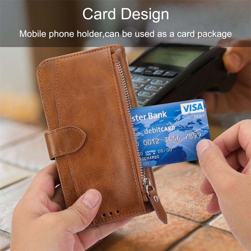 Ốp Điện Thoại Da Ví Lật Từ Tính Có Khóa Kéo Cho Samsung Galaxy S22 S22+ S21 Ultra Plus