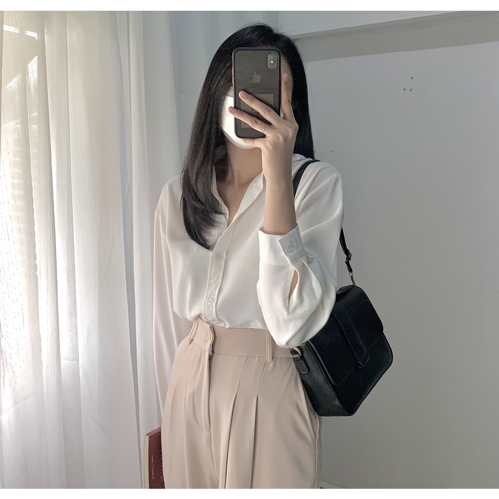 Áo Sơ Mi Trơn Trắng Nam Nữ Tay Dài Form Rộng Unisex