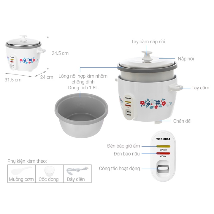 Nồi cơm nắp rời Toshiba RC-18MH1PV/ RC-18MH2PV 1.8 lít, -Hàng chính hãng bảo hành 12 tháng