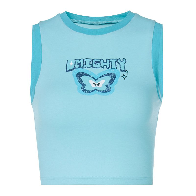 Áo Croptop Cổ Tròn In Chữ Và Bướm Xinh Xắn Cho Nữ