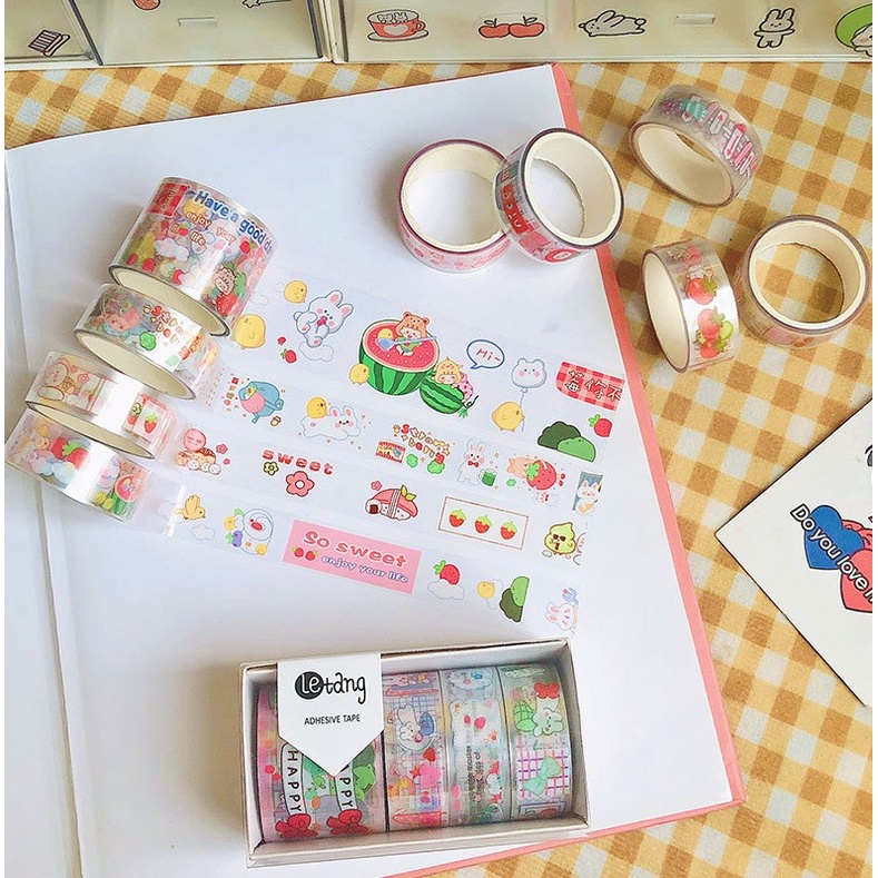 Set 5 cuộn băng keo adhesive tape xinh yêu dán trang trí sổ chất liệu PET, washi