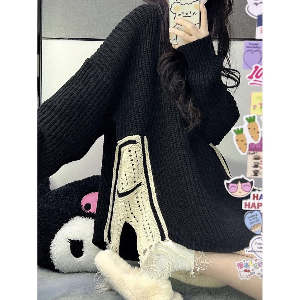 Áo Sweater Cổ Tròn Dáng Rộng Màu Đen Phối Tua Rua Phong Cách Hip Hop Đường Phố Hàn Quốc Thời Trang Thu Đông Cho Nữ