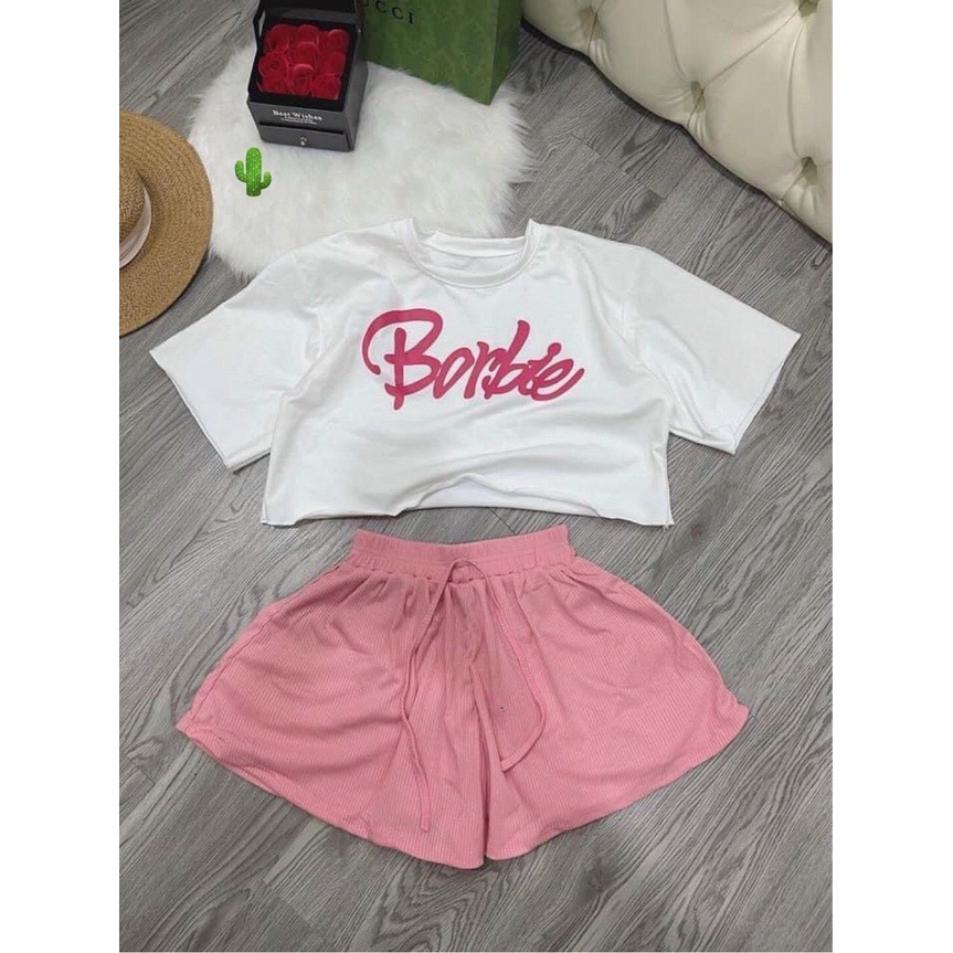 Sét bộ áo croptop form rộng in chữ babie phối quần đùi trơn cực xinh