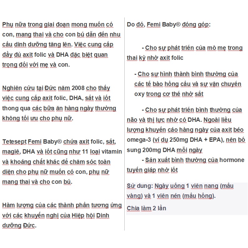 Hàng Sale Viên uống Tetesept Femi Baby hộp 60 viên của Đức 11/2022