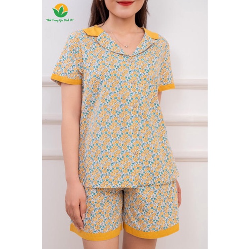Bộ cotton quần đùi áo cộc tay họa tiết nữ Thời trang gia đình VT - B43.2201
