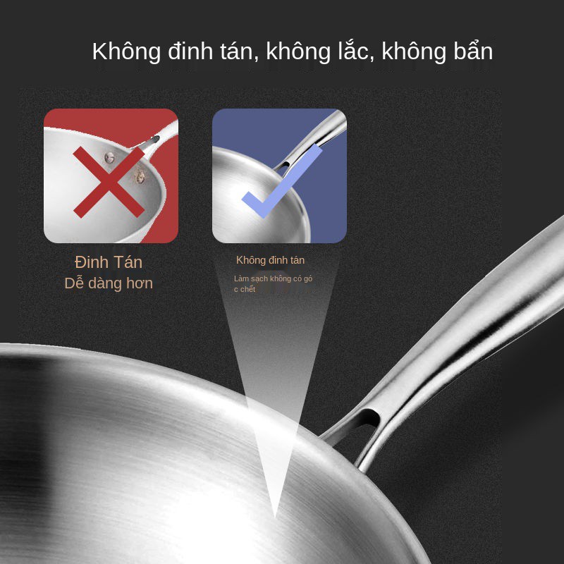 ❄◊◇Chảo inox 304 không có đinh tán được nâng cấp mới, ít khói dầu, phủ sơn, chống dính, gỉ sét, đáy phẳng <