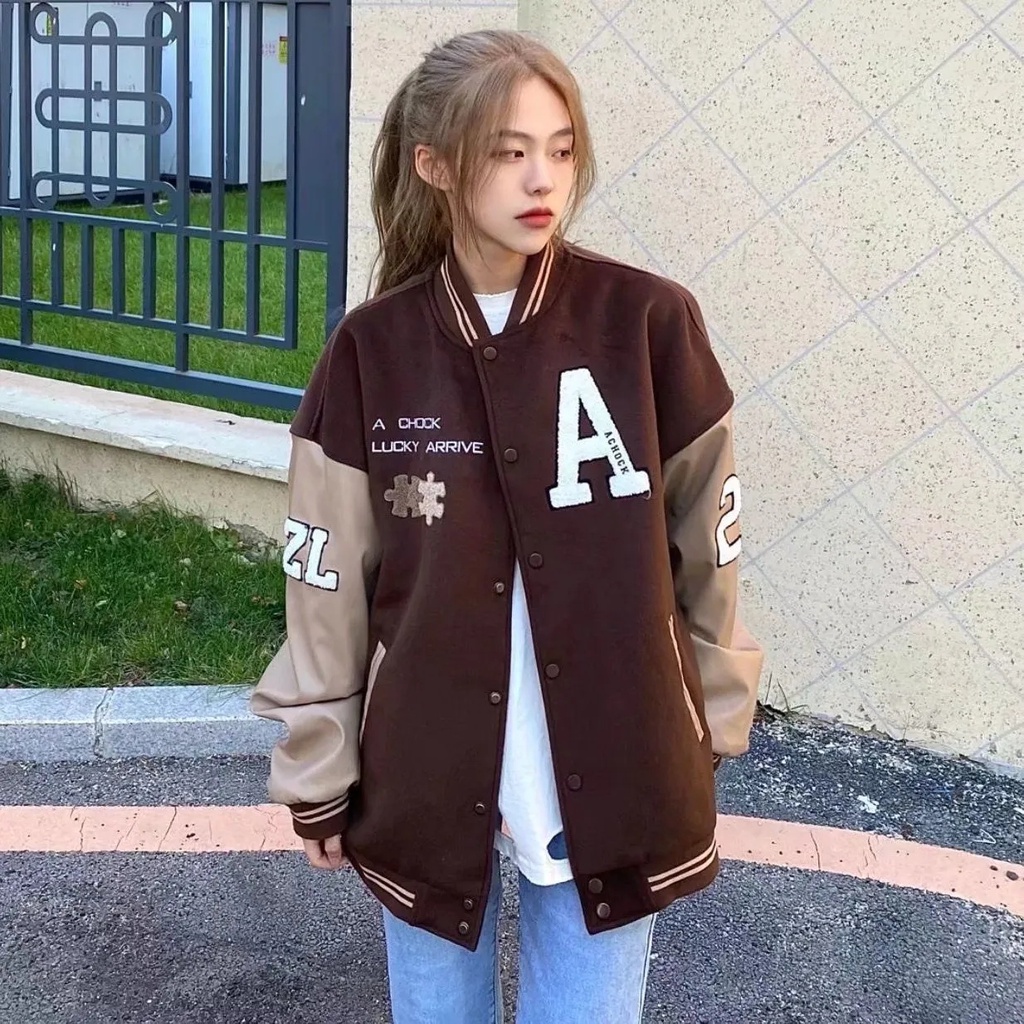 [MURIOKI] Áo Khoác Bóng Chày Họa Tiết Thêu Màu Cà Phê Phong Cách retro Thời Trang Xuân Thu 2022 Mới
