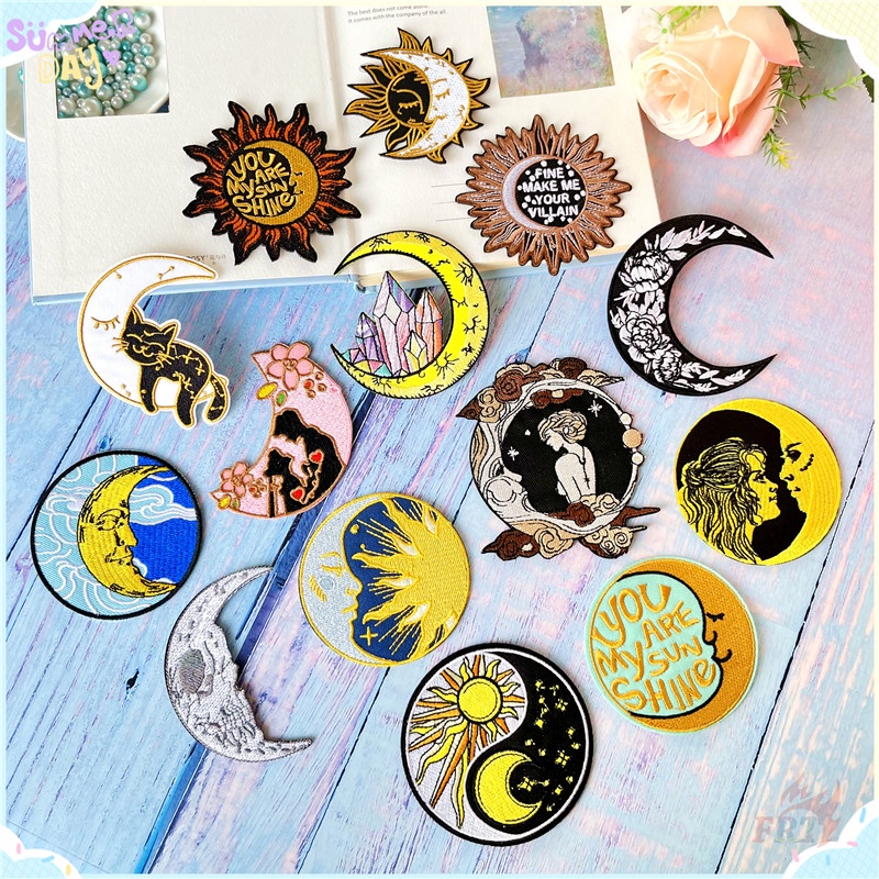 ♚ Sticker Ủi Thêu Hình Mặt Trời Và Mặt Trăng ♚ 1 Cái Tự May Thêu Trên Sắt Trên Huy Hiệu Miếng Vá