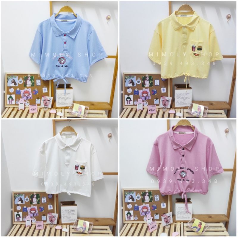 Áo Croptop Nữ Cổ Trụ Thêu, Áo Polo Vải Tici