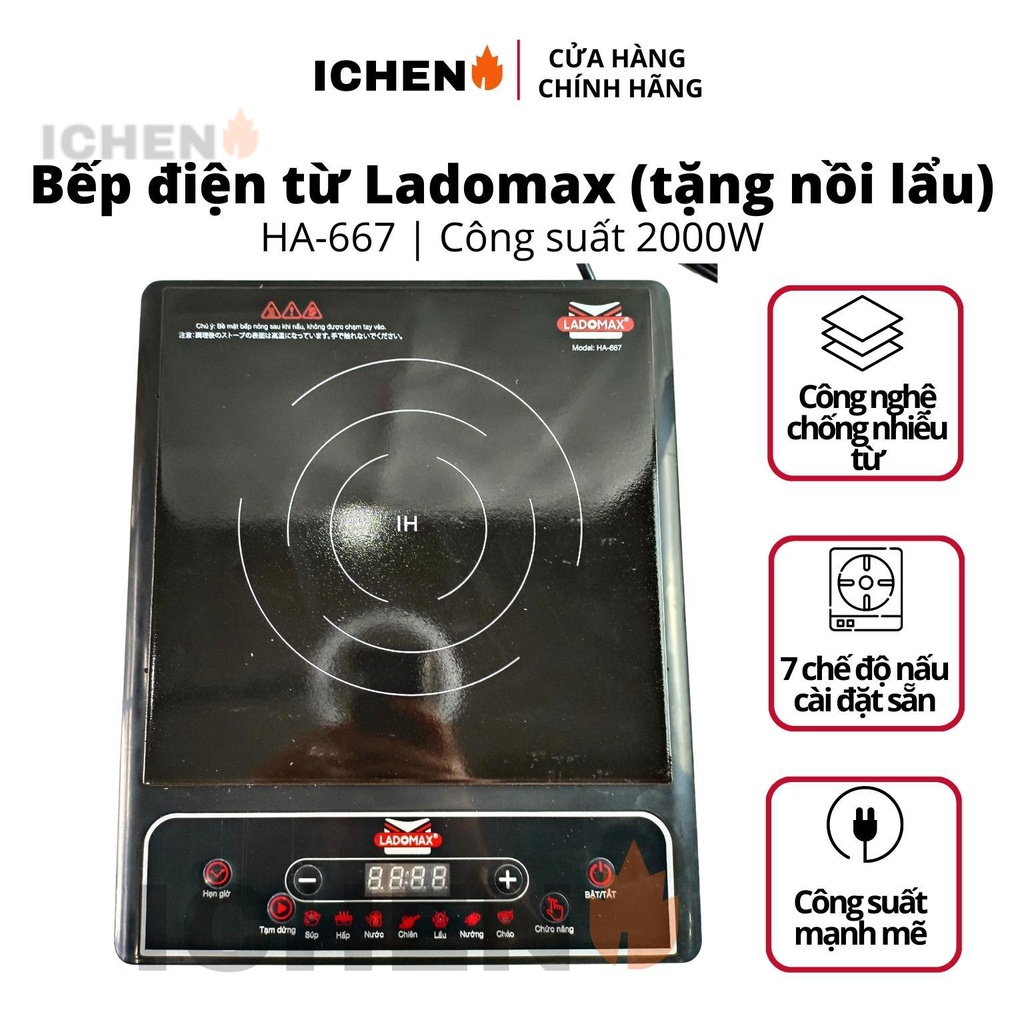 Bếp từ đơn Ladomax công suất 2000W, bếp điện từ mặt kiếng chịu lực (Tặng Kèm Nồi Lẩu) HA-667