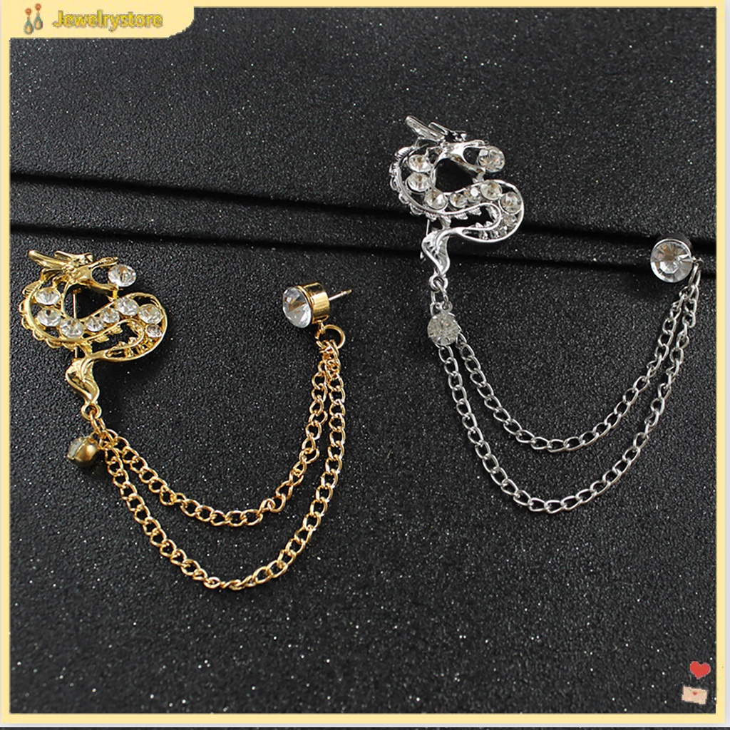 Ghim cài áo hình rồng đính đá phối dây xích phong cách Trung Hoa