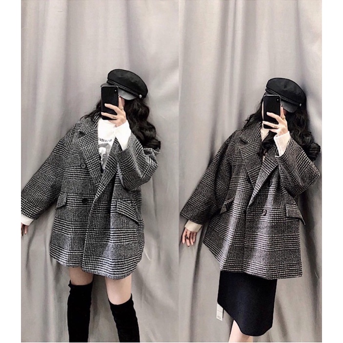 Áo dạ/Khoác dạ kẻ dáng rộng cổ vest vintage phong cách Hàn Quốc hot hit