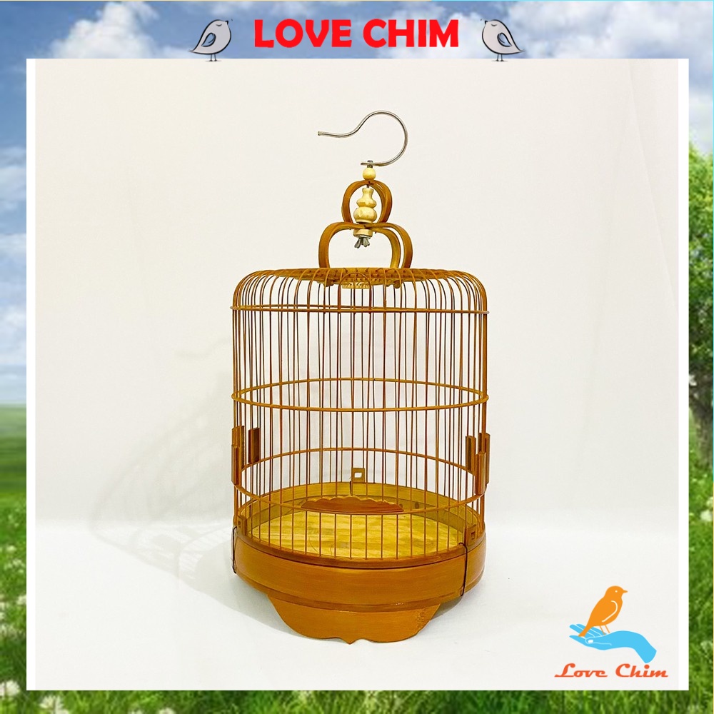 Lồng chim yến, chòe đất trơn đẹp dáng thẳng chất liệu trúc có móc đi kèm