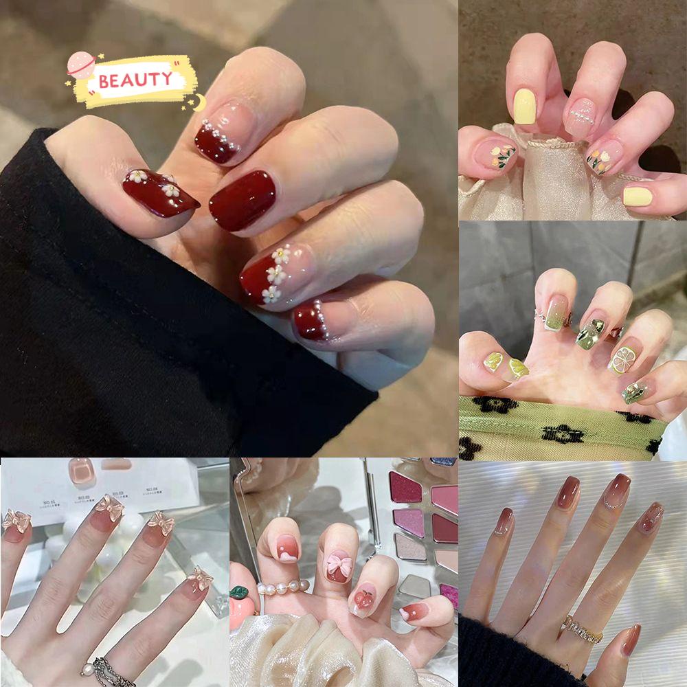 Bộ 24 Móng Tay Giả Đầu Tròn / Vuông Che Phủ Toàn Diện Phong Cách Pháp