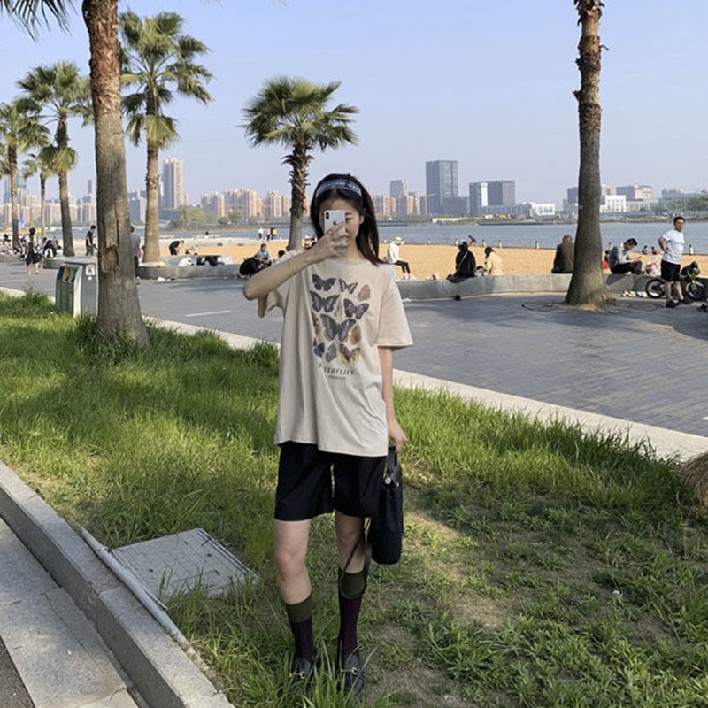 IELGY Áo thun tay ngắn dáng rộng in họa tiết bươm bướm phong cách cổ điển dành cho nữ