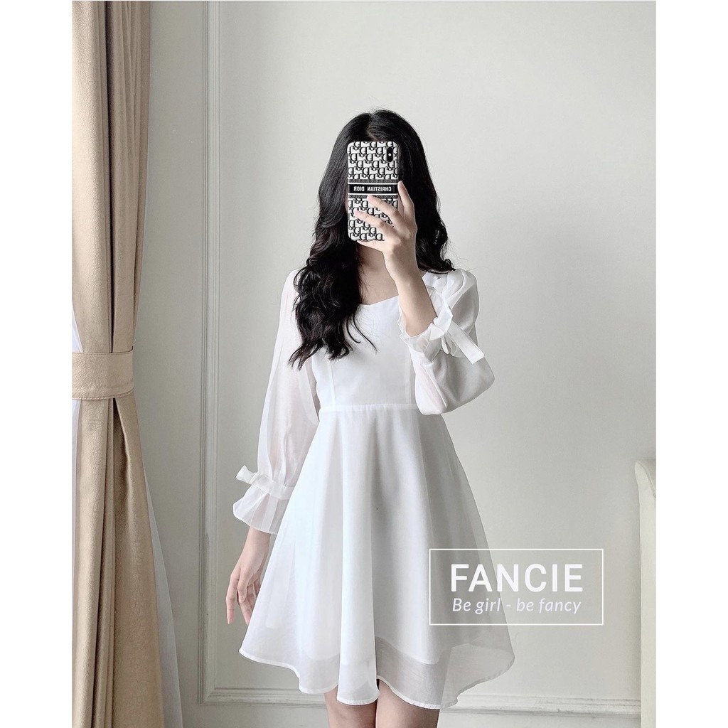 [có video][vải xịn loại 1] Đầm thiết kế đầm nữ trắng dáng xòe dạo phố, dự tiệc rất đẹp phối nút bọc tay nơ | BigBuy360 - bigbuy360.vn