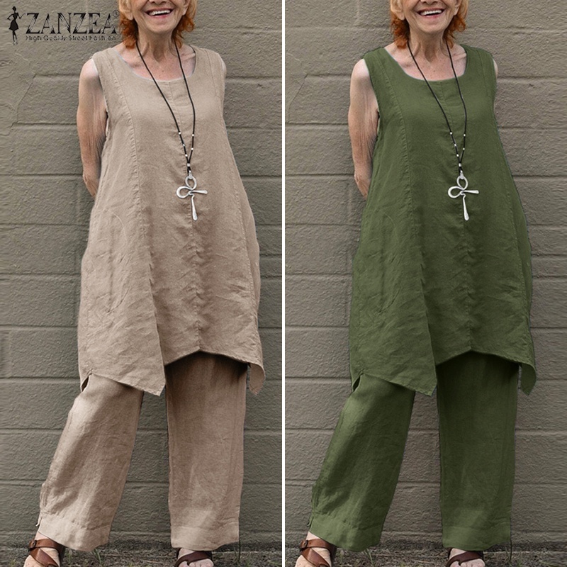 Zanzea Bộ Áo Cotton Sát Nách + Quần ống rộng Lưng Thun Thời Trang Châu Âu Cho Nữ