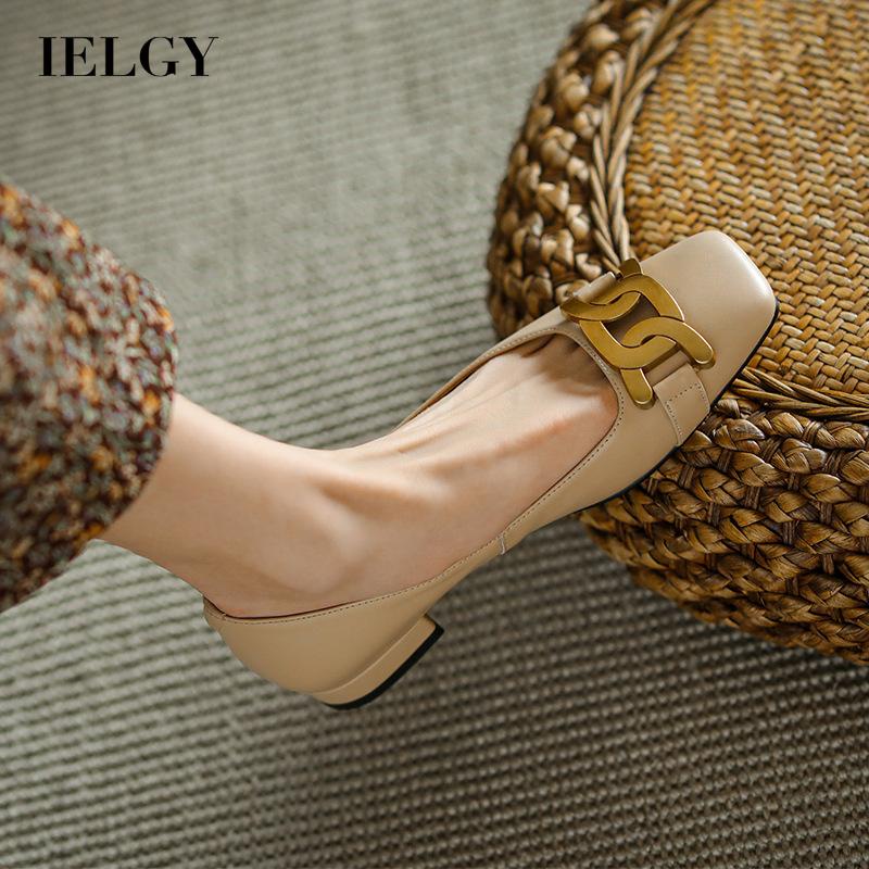Giày búp bê IELGY mũi vuông đế bằng cài khóa kim loại phong cách Pháp cổ điển thời trang cho nữ