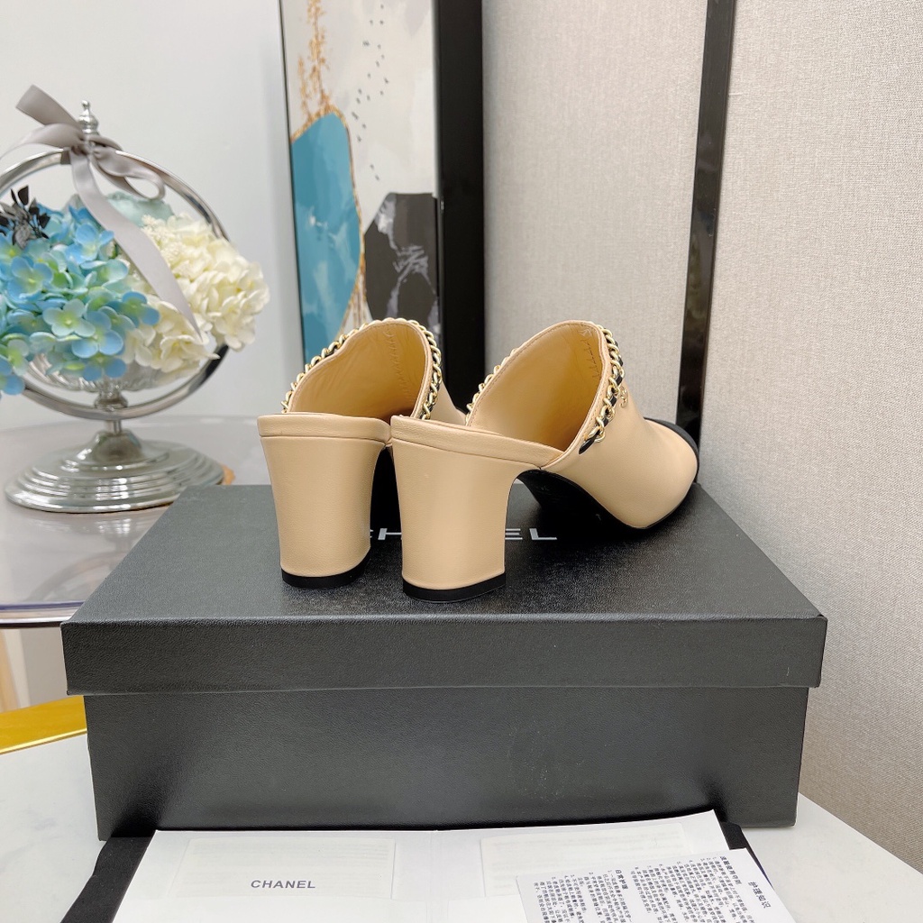 Dép sục cao gót nữ thời trang 𝘾𝙝𝙖𝙣𝙚𝙡 𝘾𝙝𝙖𝙣n𝙚𝙡 da thật cao cấp