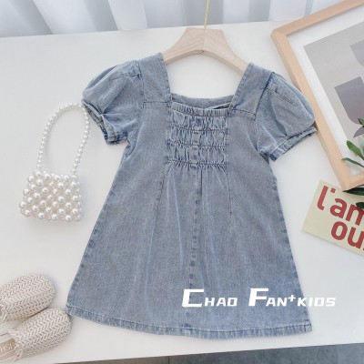 Đầm Denim Tay Phồng Đơn Giản Phong Cách Hàn Quốc Cho Bé Gái