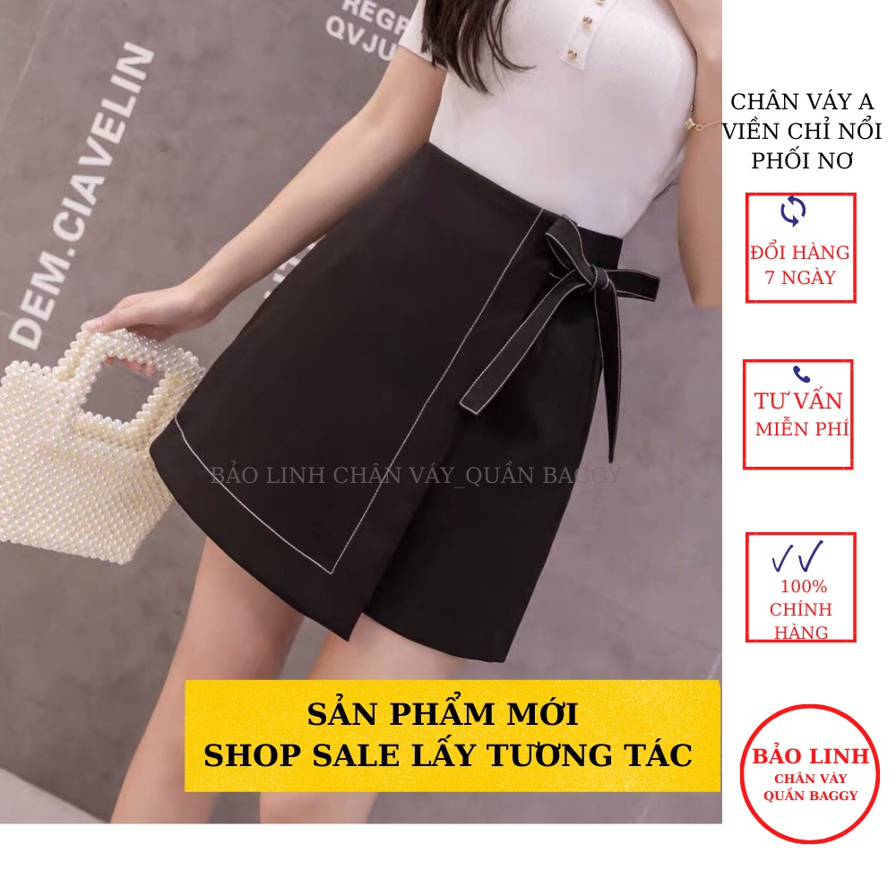 Chân váy ngắn công sở đen lưng cao viền chỉ phối nơ dáng chữ A mặc đi làm đi học