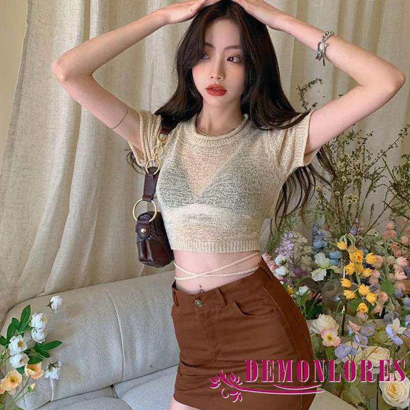 Áo Croptop Dệt Kim Mỏng Tay Ngắn Cổ Tròn Màu Trơn Phối Dây Buộc Sau Lưng Thời Trang Mùa Hè Cho Nữ