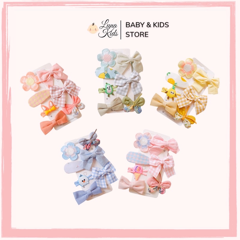 Set kẹp tóc 7 món cho bé gái, phụ kiện tóc KT03 - LunaKids [Ảnh thật]